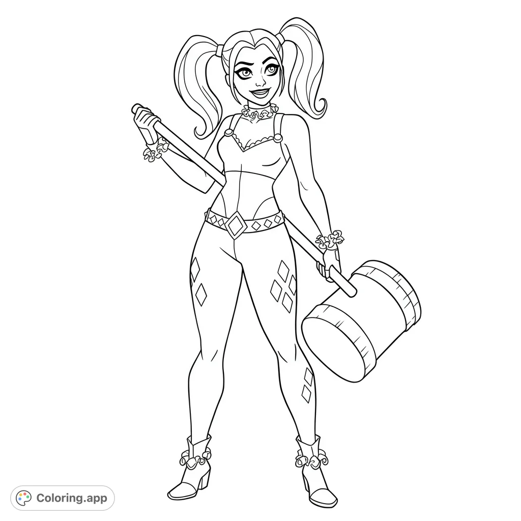 A dynamic Harley Quinn from the animated series, with her hair down and wearing a distinctive dress, ready for creative coloring fun.