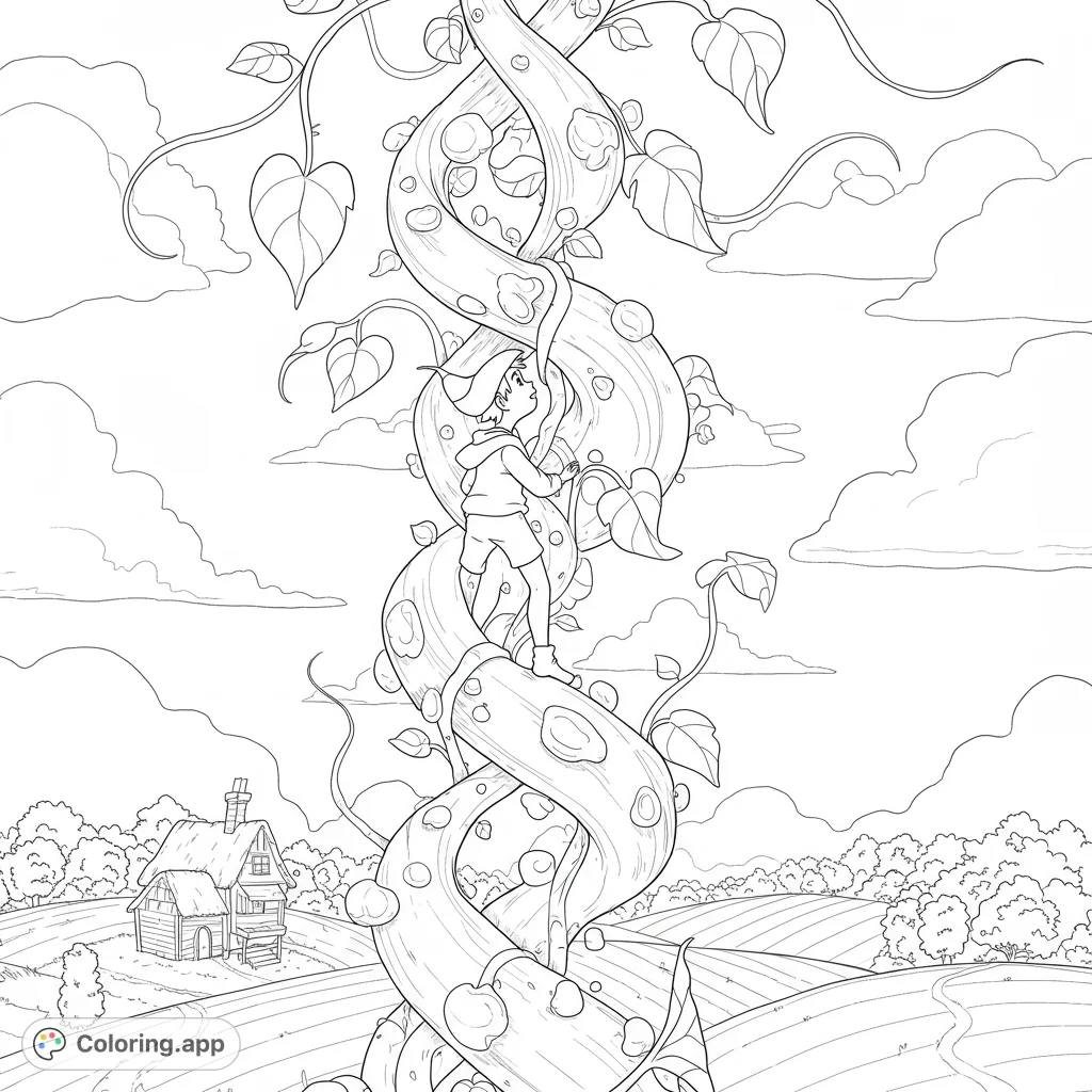 Embark on an epic adventure with Jack as he climbs a towering beanstalk towards a mysterious castle. A captivating scene for imaginative colorists.