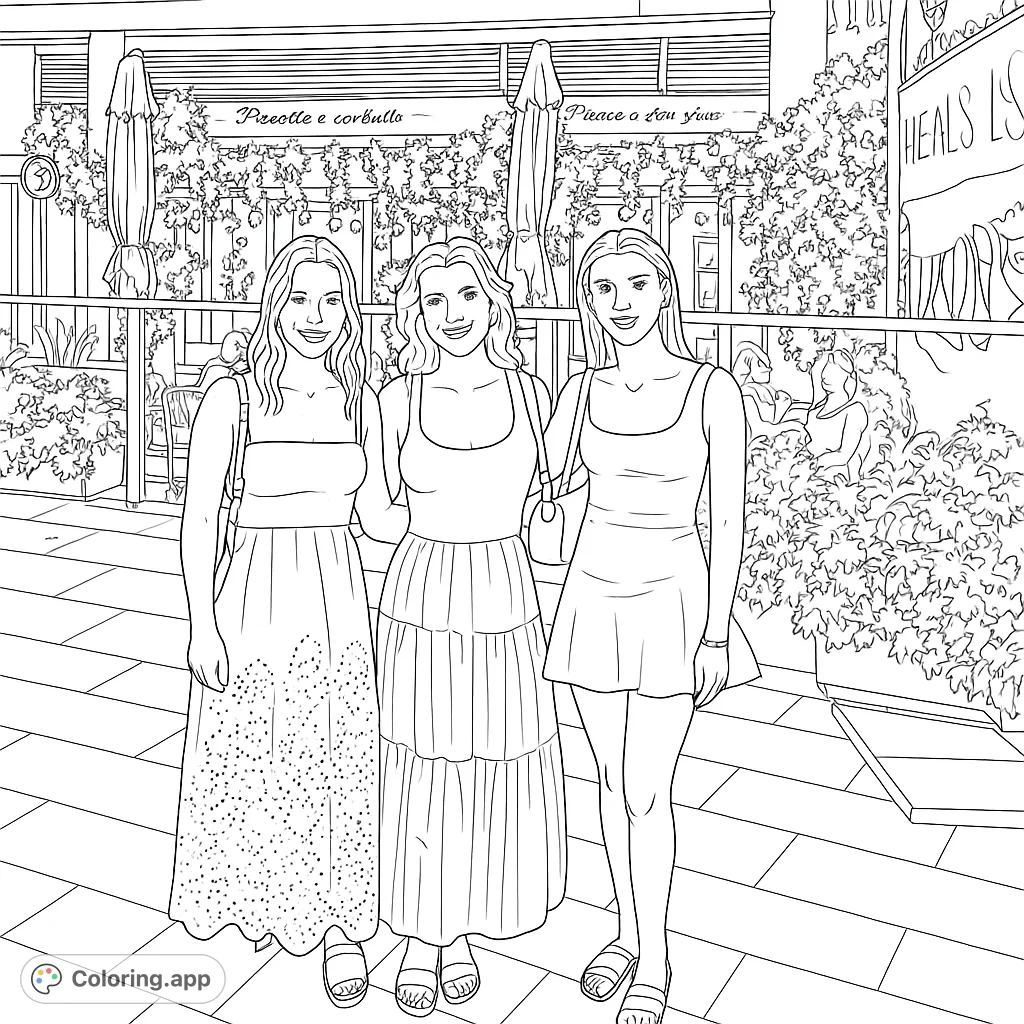 Color a lively urban scene featuring three stylish women enjoying an outdoor restaurant setting, complete with intricate architectural details and lush foliage.