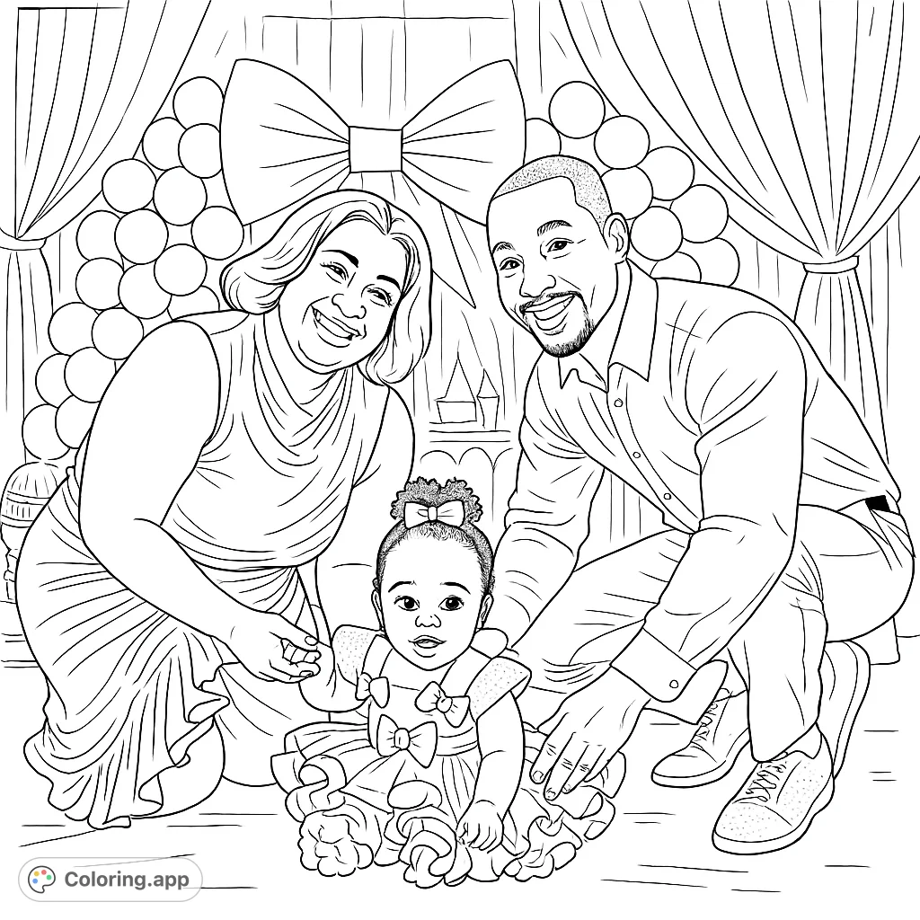 A heartwarming family portrait celebrating a milestone, featuring parents and their baby in a festive setting with bows and balloons.
