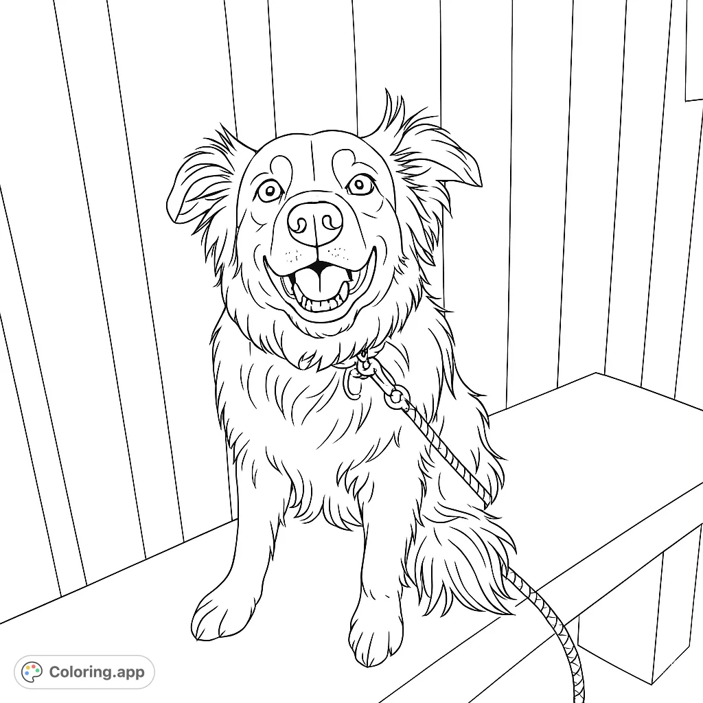 A delightful happy dog sits on a bench, ready for a fun coloring adventure. Perfect for pet lovers of all ages to bring to life!