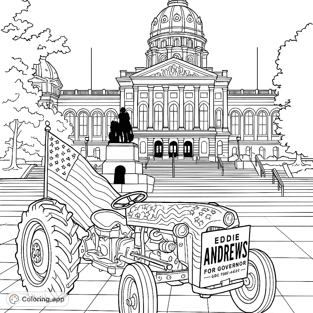 Color a patriotic tractor adorned with a flag pattern, set against a grand capitol building. A detailed scene for all ages to enjoy.
