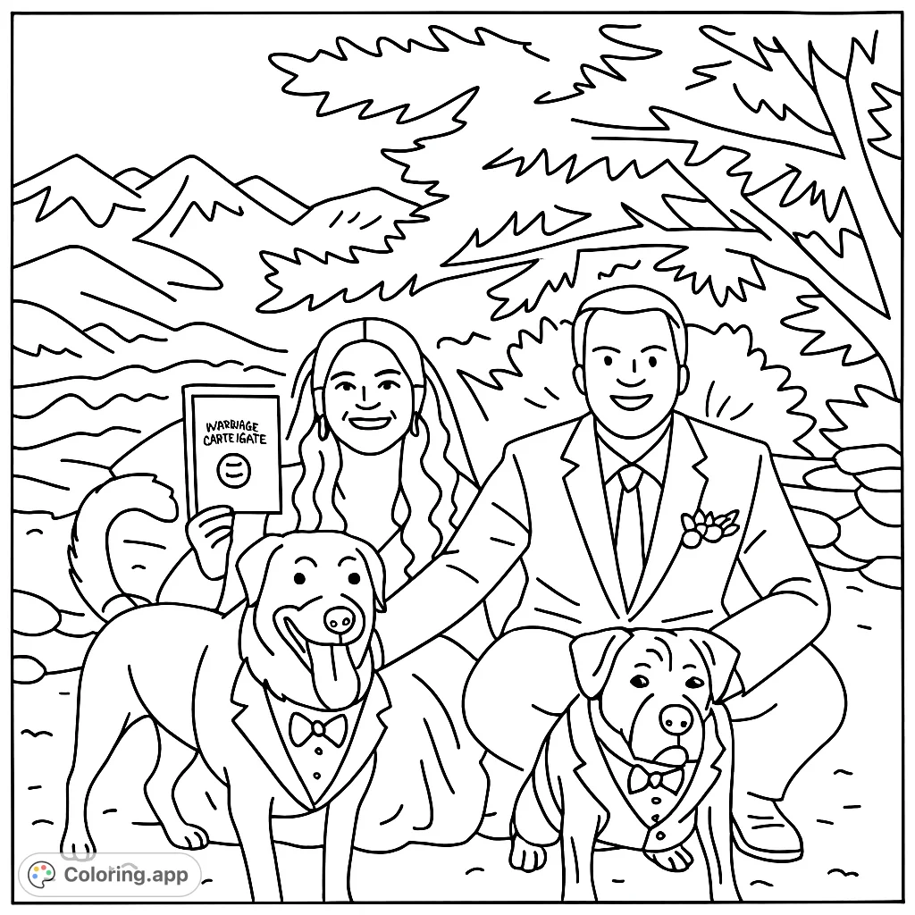 Celebrate love with this charming wedding coloring page featuring a happy couple and their two adorable dogs in tuxedos, set against a scenic mountain backdrop.