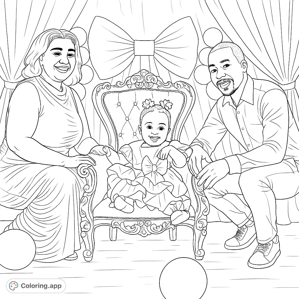 A heartwarming family portrait featuring a baby in an ornate chair with parents, set against a festive backdrop. Perfect for celebrating special moments.