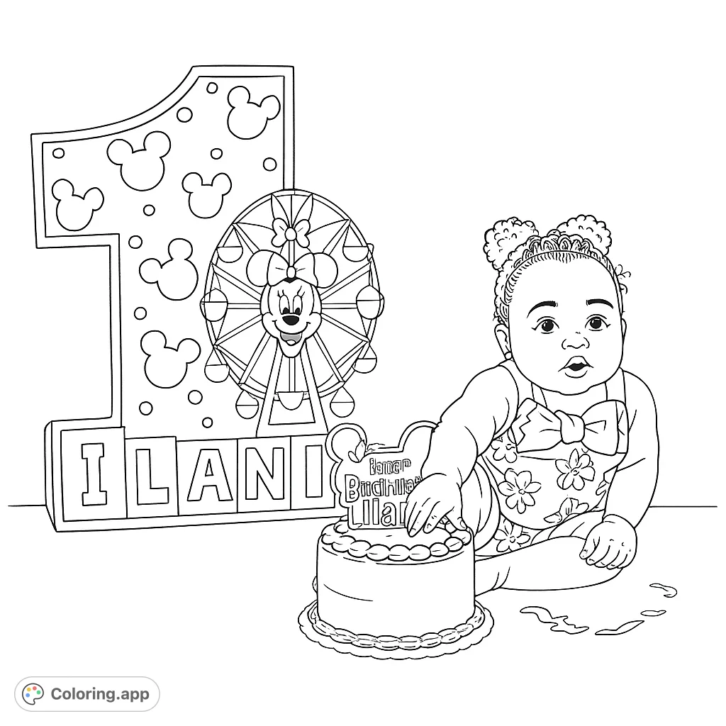 Celebrate a special first birthday with this adorable coloring page featuring a baby, cake, and festive character-themed decorations. Perfect for young colorists!