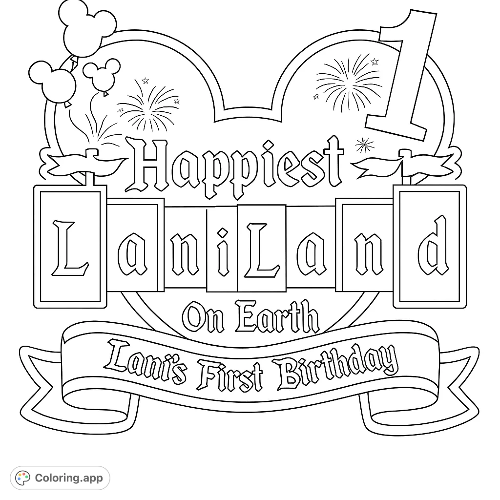 Celebrate a special first birthday with this festive mouse-themed coloring page, featuring balloons, fireworks, and a customizable banner.