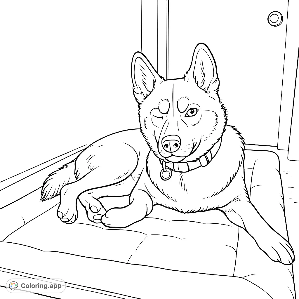 A charming husky-like dog winks playfully while relaxing on its cozy bed. Perfect for dog lovers to color and bring to life.