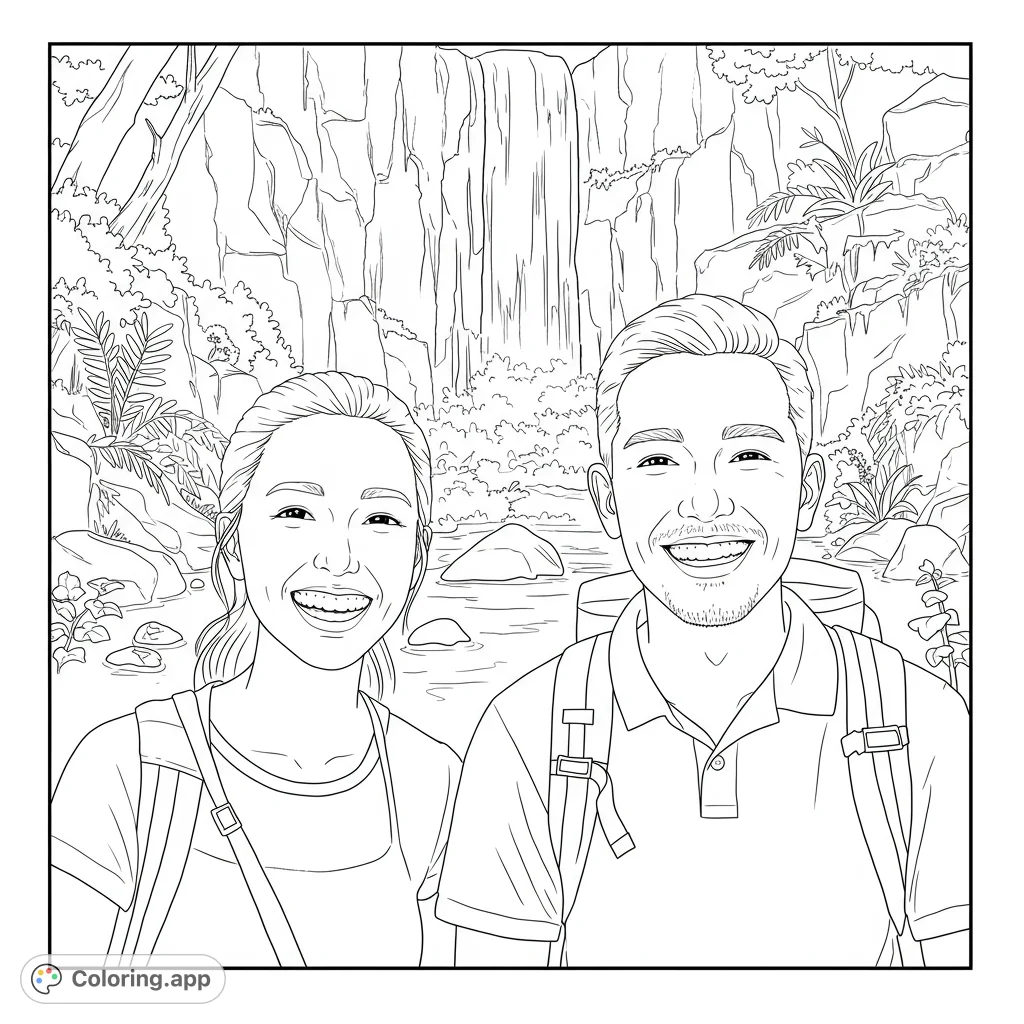 Explore a realistic hiking coloring page featuring a smiling couple against a stunning waterfall and rocky landscape. A free printable hiking coloring page for all ages.