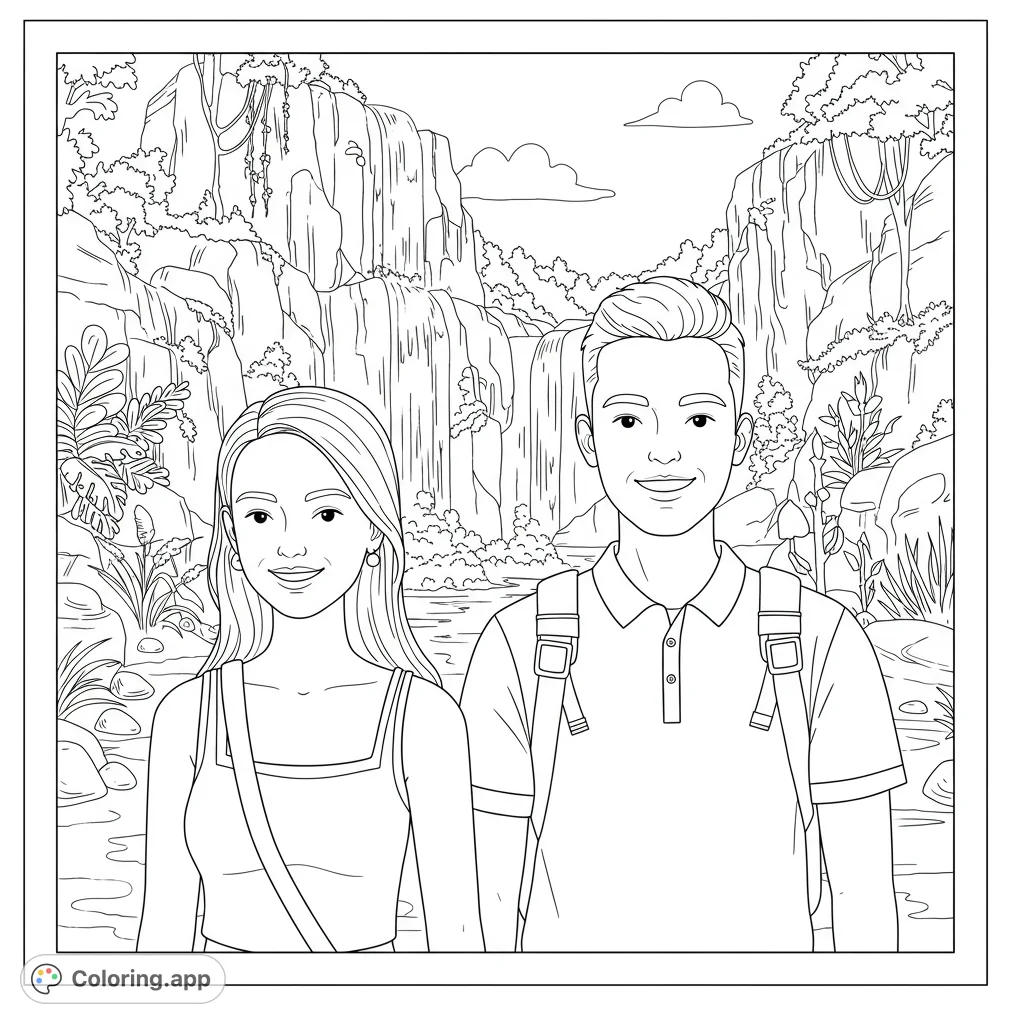 Capture the charm of a vintage travel scene with a smiling couple against a majestic waterfall and rugged cliffs. A delightful retro coloring page.