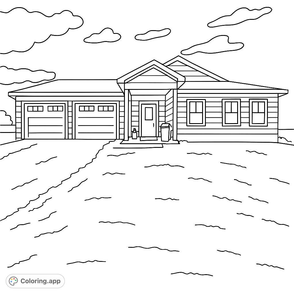 A charming suburban house with a two-car garage, set against a vast landscape. Perfect for a relaxing coloring experience.