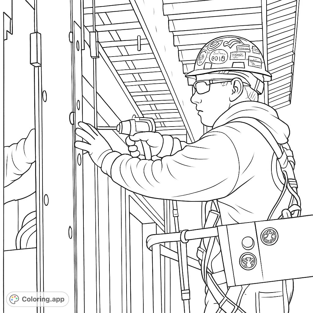 A detailed construction worker coloring page, perfect for exploring building and trade themes. Features a worker installing panels on a facade.