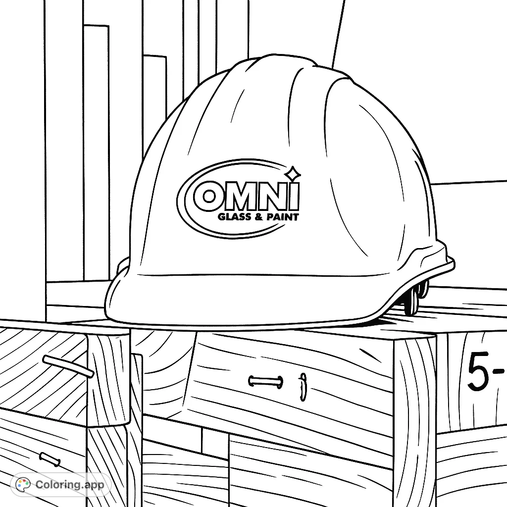 Color a classic hard hat resting on wooden planks, featuring a detailed logo and an industrial background. Perfect for safety and construction themes.