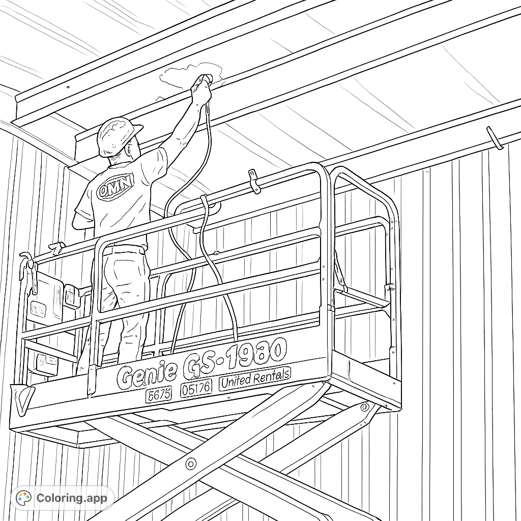 A detailed industrial scene featuring a worker on a scissor lift spraying a building ceiling. Perfect for those interested in construction and machinery.