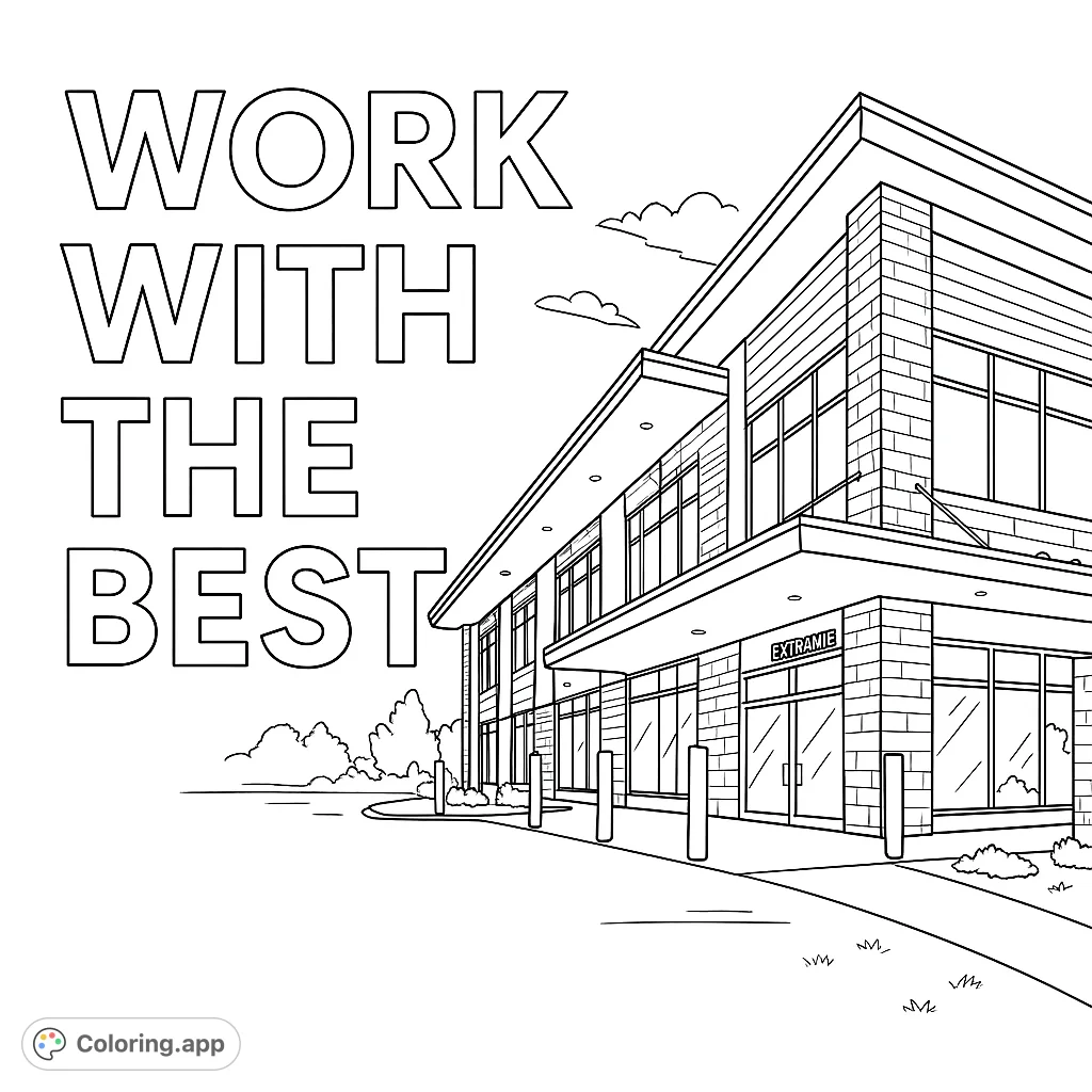 Color a striking modern building with large windows and a structured facade. Perfect for architecture enthusiasts and urban scene lovers.