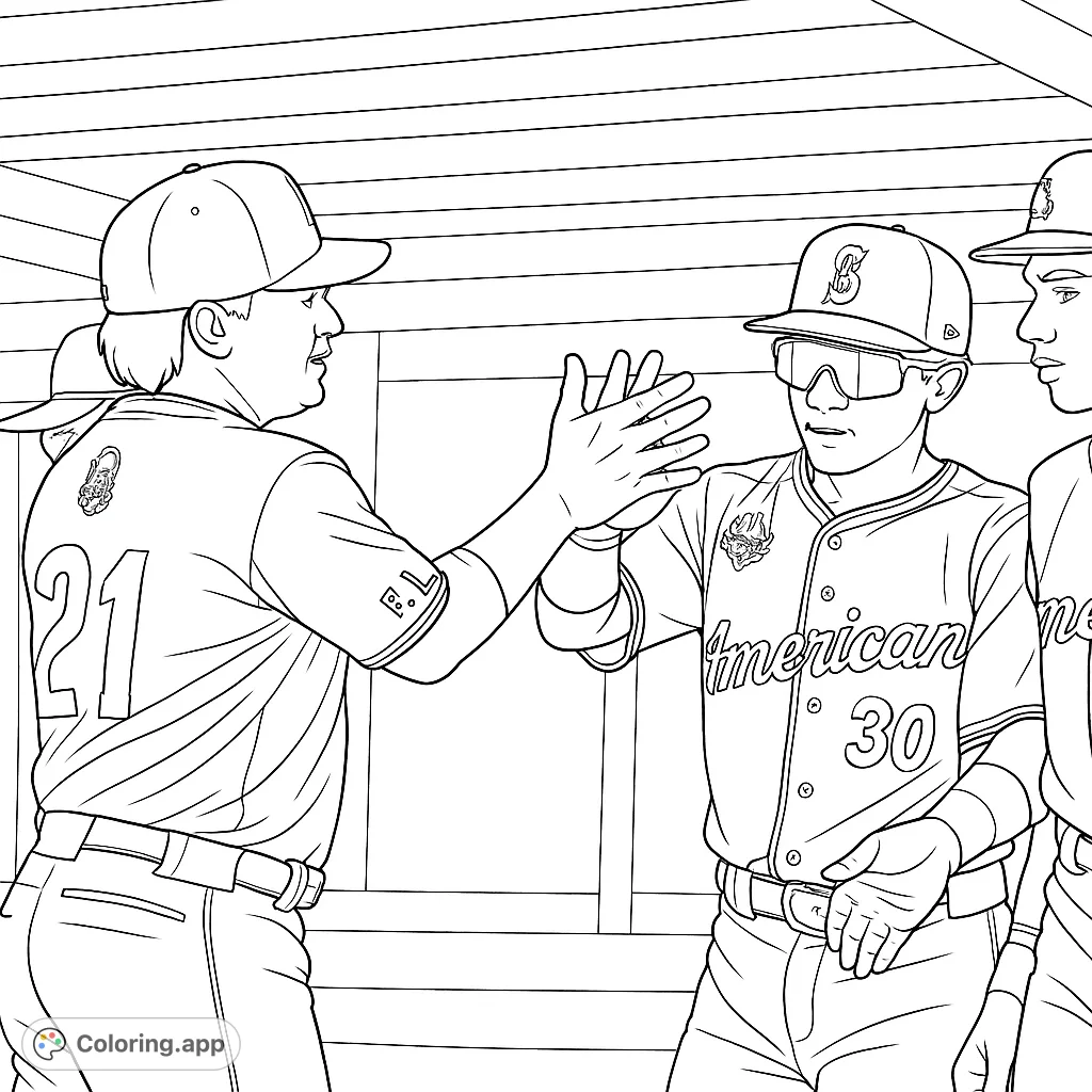 Dynamic baseball scene featuring two players high-fiving, capturing team spirit and excitement on the field. Perfect for sports fans to color.