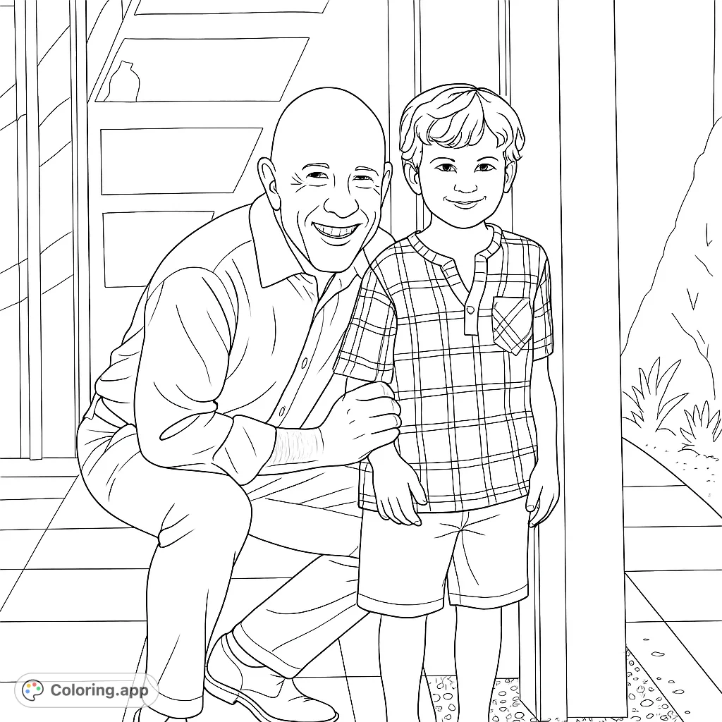 Capture a heartwarming moment between an adult and a child in an outdoor setting. This family-themed coloring page offers a delightful scene for all ages.
