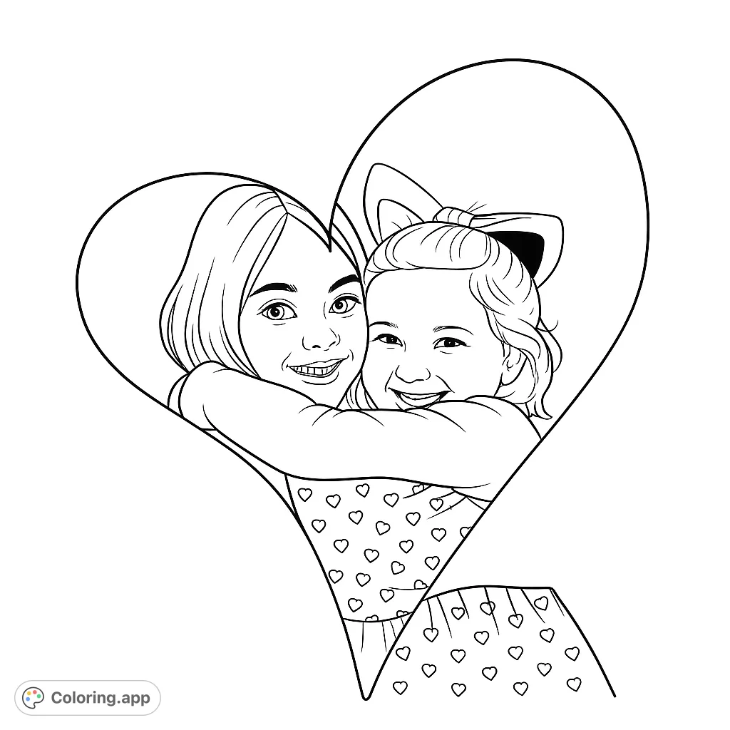 A heartwarming coloring page featuring two children sharing a loving hug, beautifully framed within a large heart outline. Perfect for celebrating friendship and family.