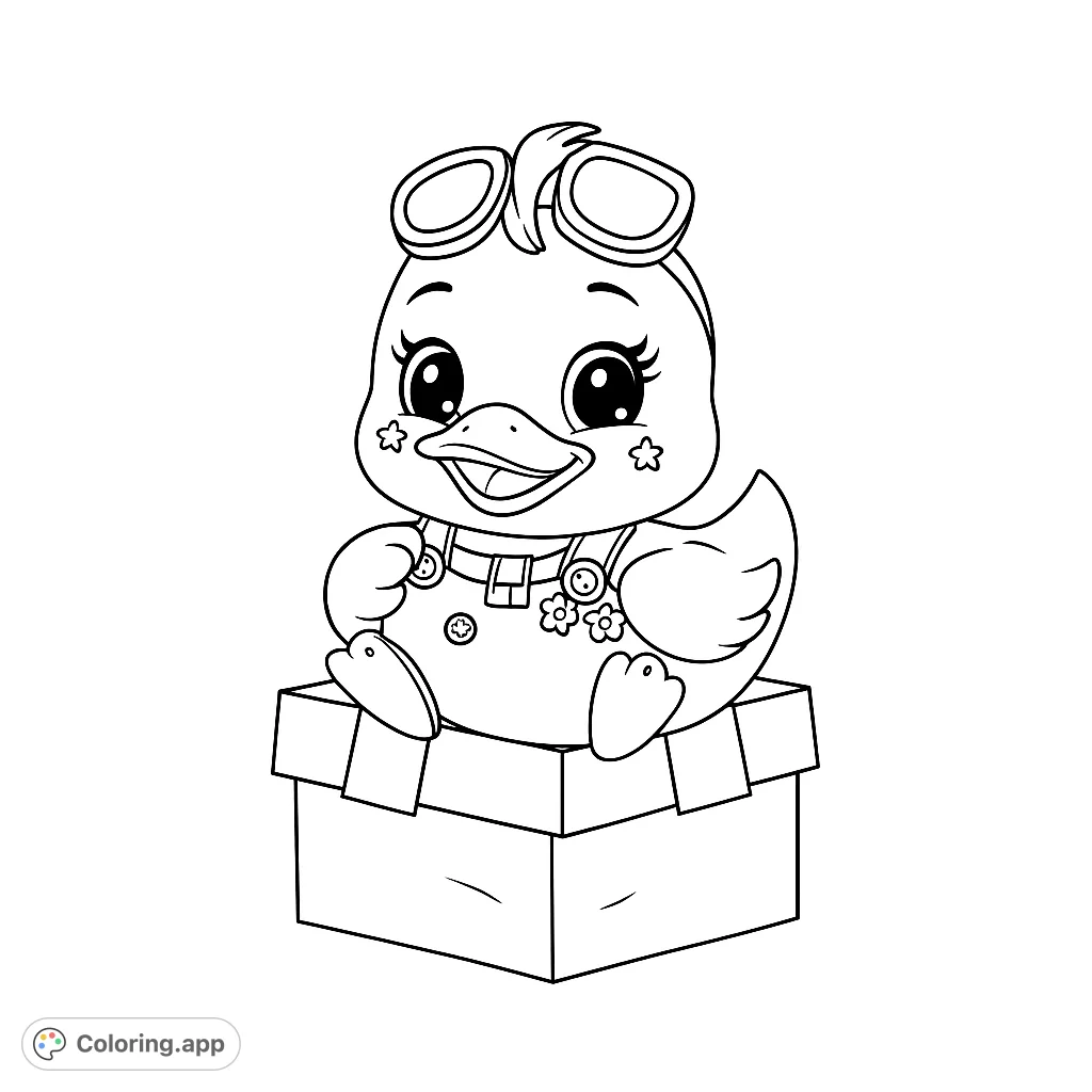 An adorable, cartoon duck wearing goggles and overalls sits in a cardboard box, ready for a fun coloring adventure. Perfect for kids!