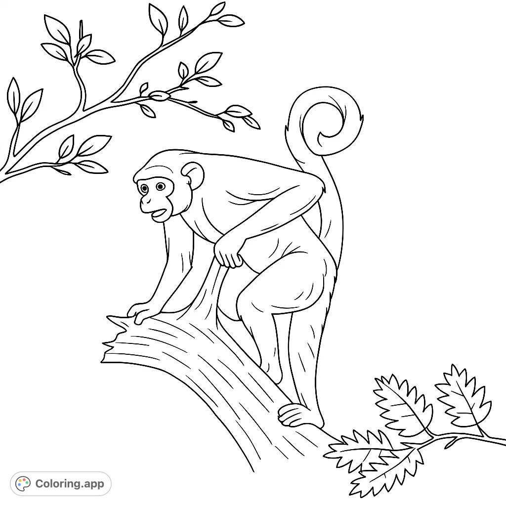 A detailed monkey coloring page featuring a primate perched on a tree branch, surrounded by foliage. Perfect for nature lovers.
