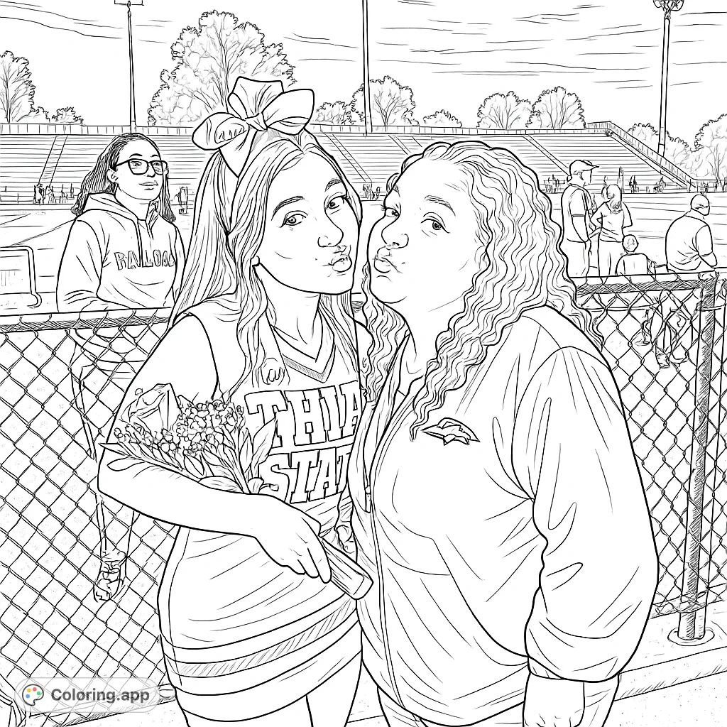 Two friends, one a cheerleader, pose at a stadium. A fun game day scene for coloring enthusiasts.