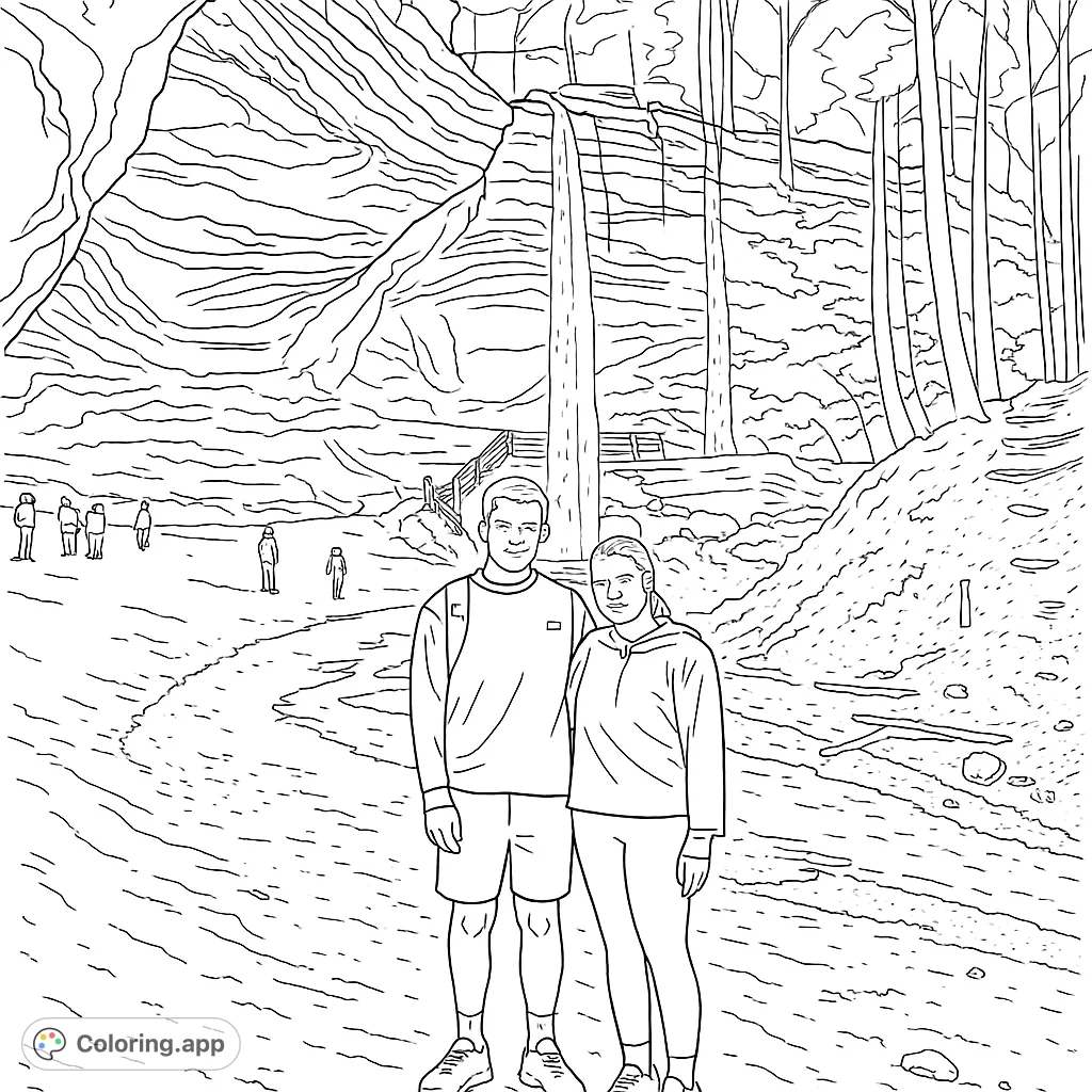 Explore a stunning natural cavern with a cascading waterfall and towering rock formations. A perfect nature adventure coloring page.