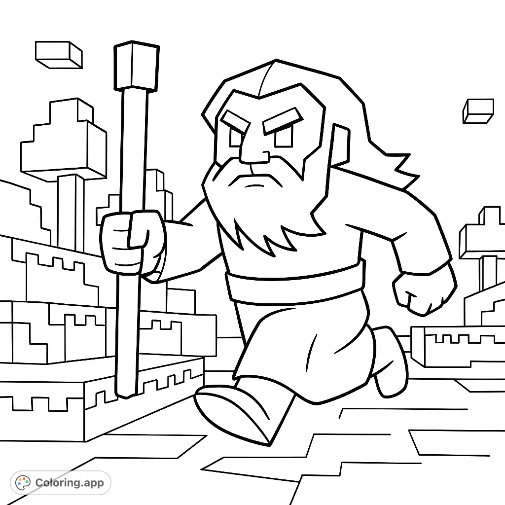 Embark on a pixelated journey with this blocky sage adventure coloring page. Perfect for fans of block-style games and fantasy characters!