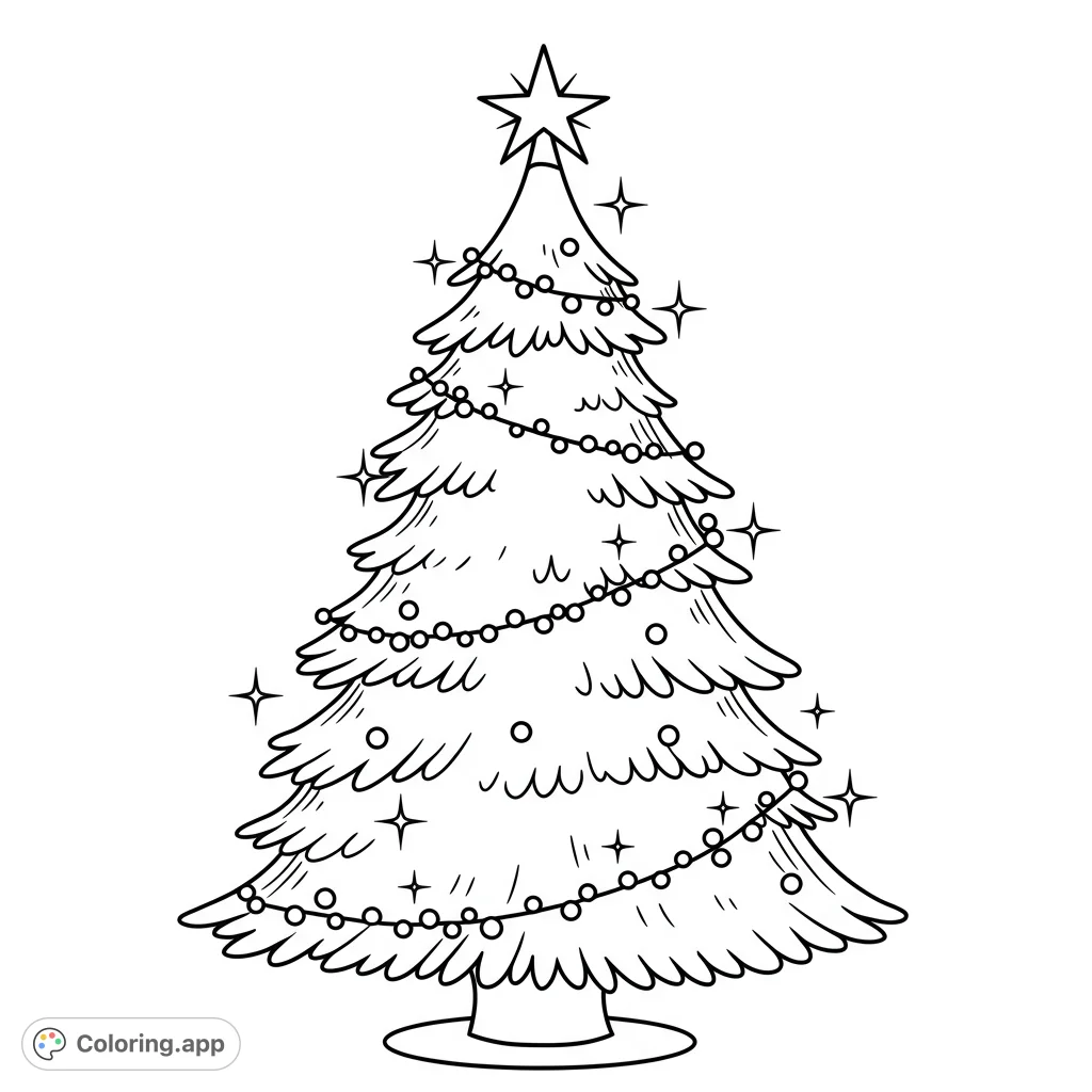 A festive Christmas tree adorned with numerous twinkling lights and a shining star topper, perfect for holiday cheer. A free printable Christmas tree coloring page.