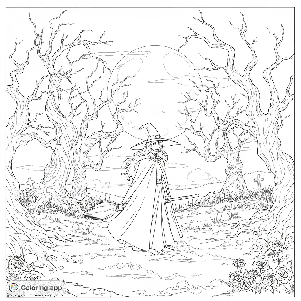 A mysterious witch under a full moon, surrounded by gnarled spooky trees on a Halloween night. A free printable Halloween coloring page for all ages.
