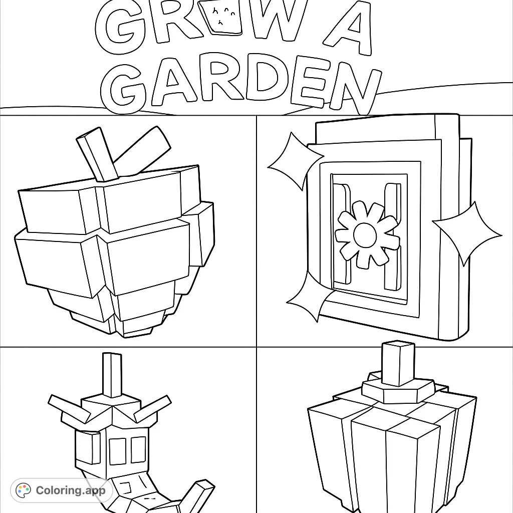 Explore a blocky garden with pixelated fruits, vegetables, and a seed packet. A fun, geometric coloring page for all ages.