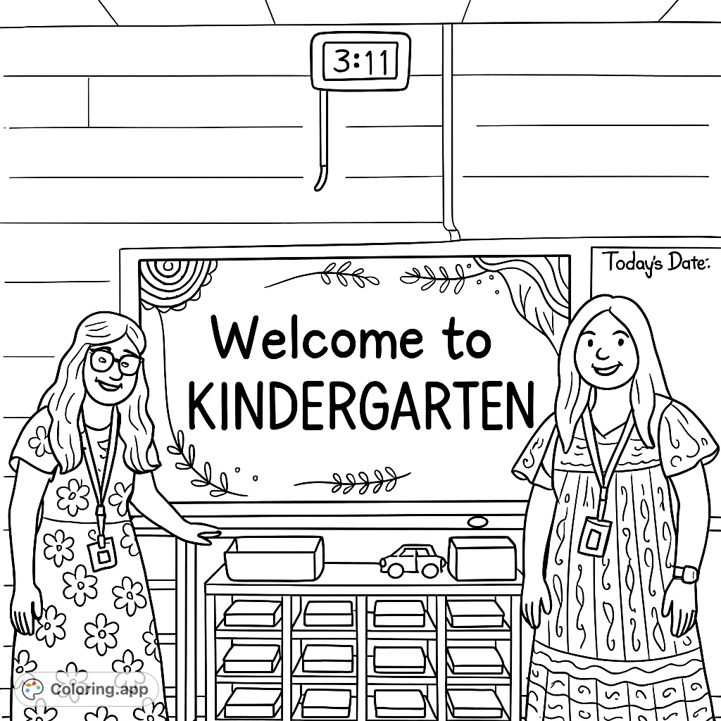 A welcoming kindergarten classroom scene with two friendly teachers, ready for a new school year. Perfect for young learners and school-themed fun.