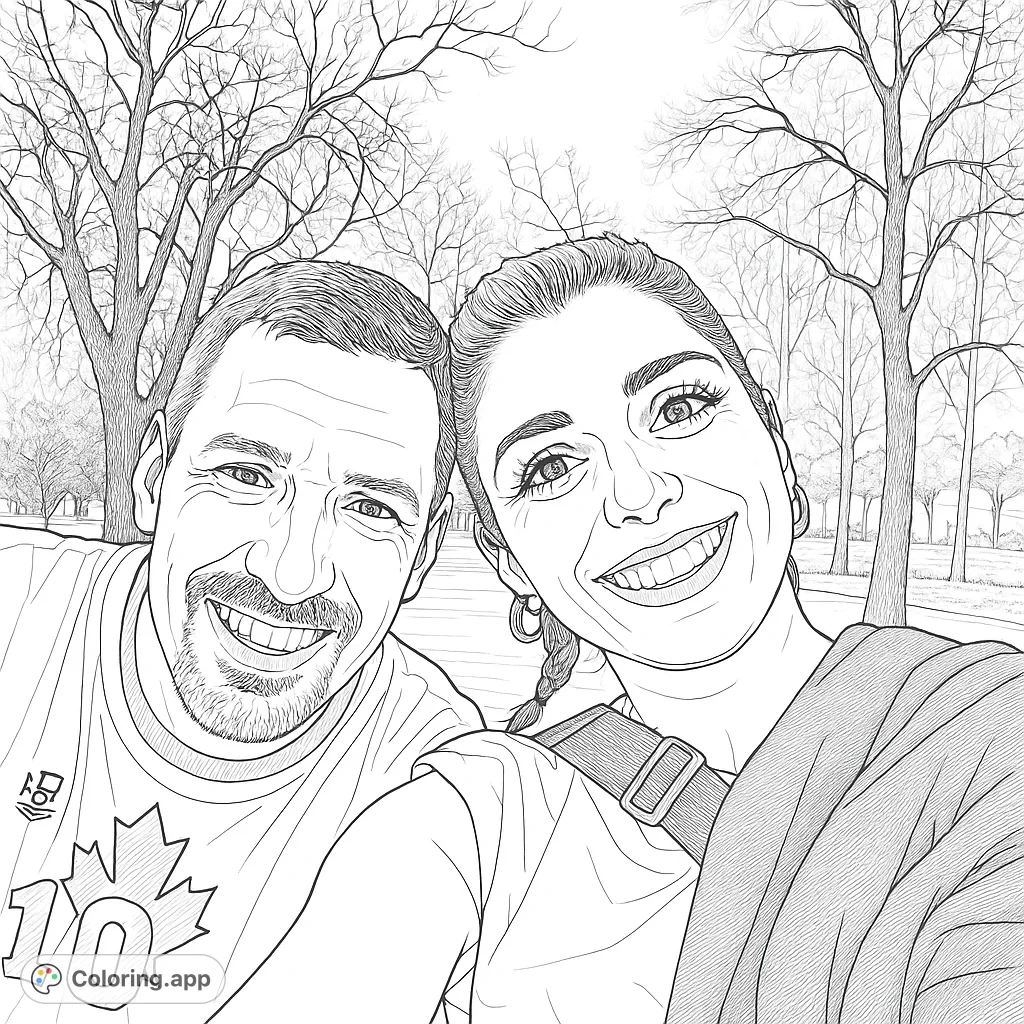 Capture the warmth of a shared moment with this joyful portrait of two smiling individuals in a park setting, perfect for a relaxing coloring experience.