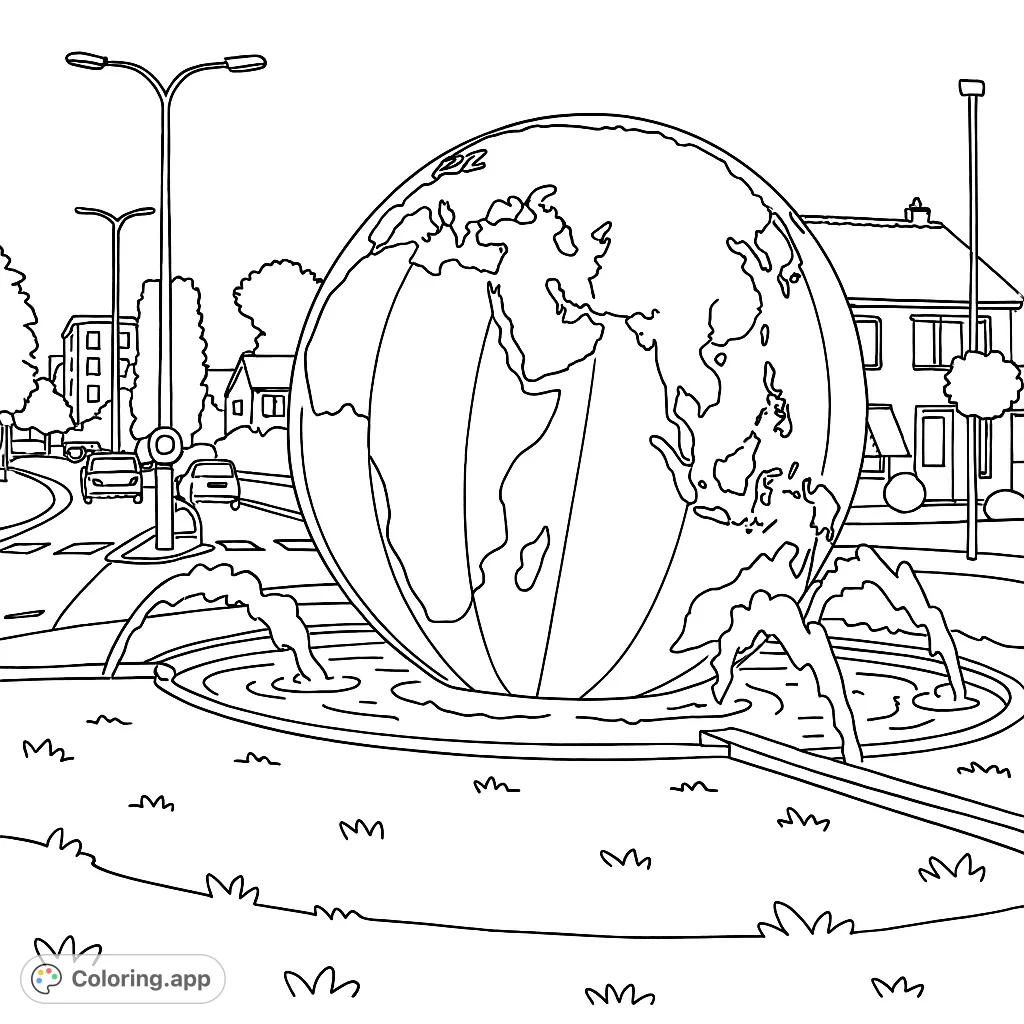 Explore a detailed world globe fountain in a bustling urban setting. This free printable coloring page offers intricate details of continents, water, and surrounding architecture.