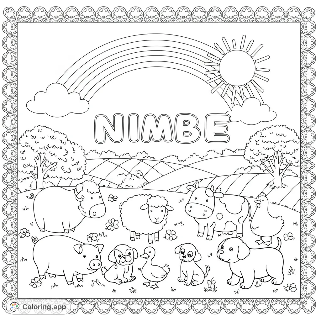 A delightful farm scene featuring plump animals, playful puppies, a bright sun, and a sweeping rainbow, all framed by a decorative border.