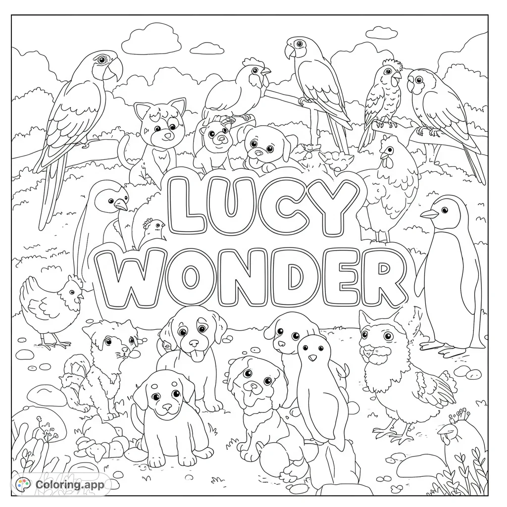 A delightful coloring page featuring macaws, puppies, chickens, and penguins surrounding the name 'Lucy Wonder' in playful bubble letters.