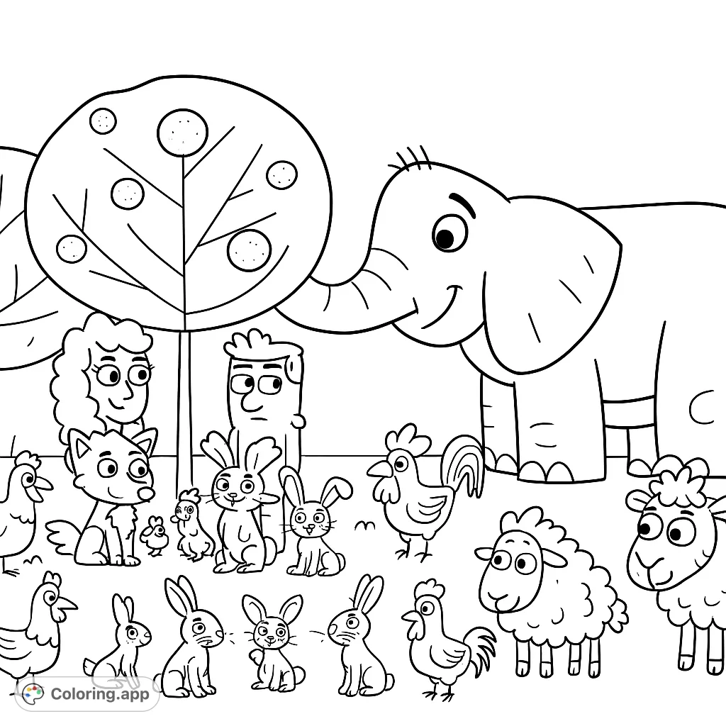 A delightful scene of various friendly animals and figures gathered in a grassy field with trees, perfect for a fun and engaging coloring experience.