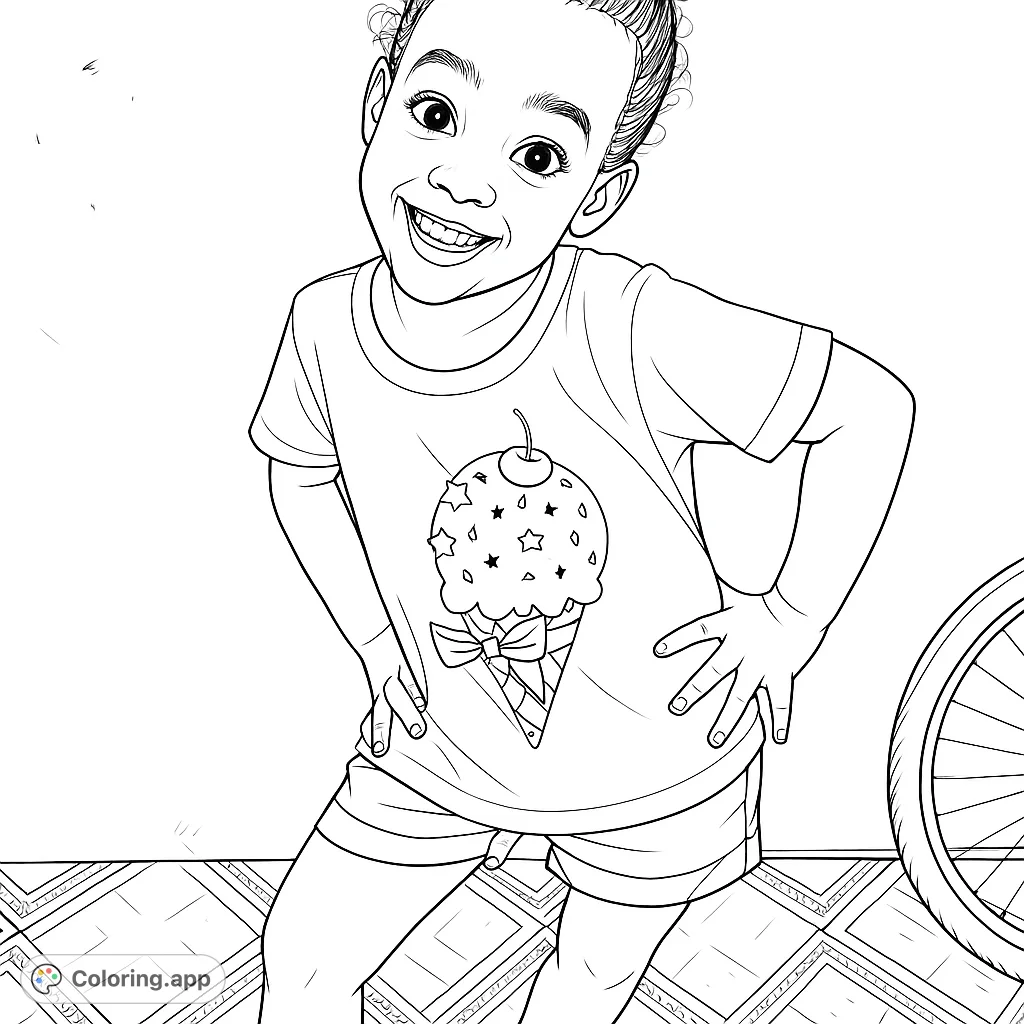 An adorable child with a wide smile, wearing a t-shirt featuring a fun ice cream graphic, perfect for a delightful coloring experience.