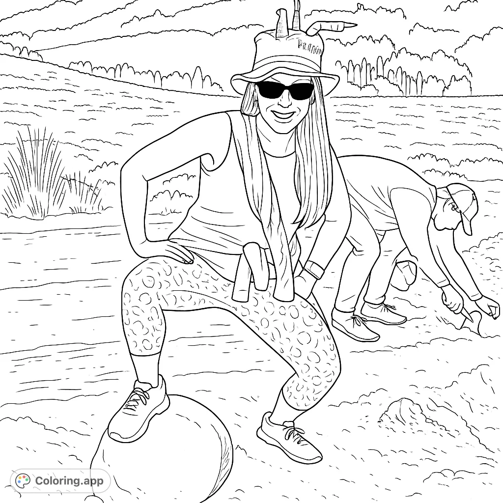 A joyful birthday celebration on a scenic trail, featuring a person in a fun cake hat. Perfect for a happy coloring experience!
