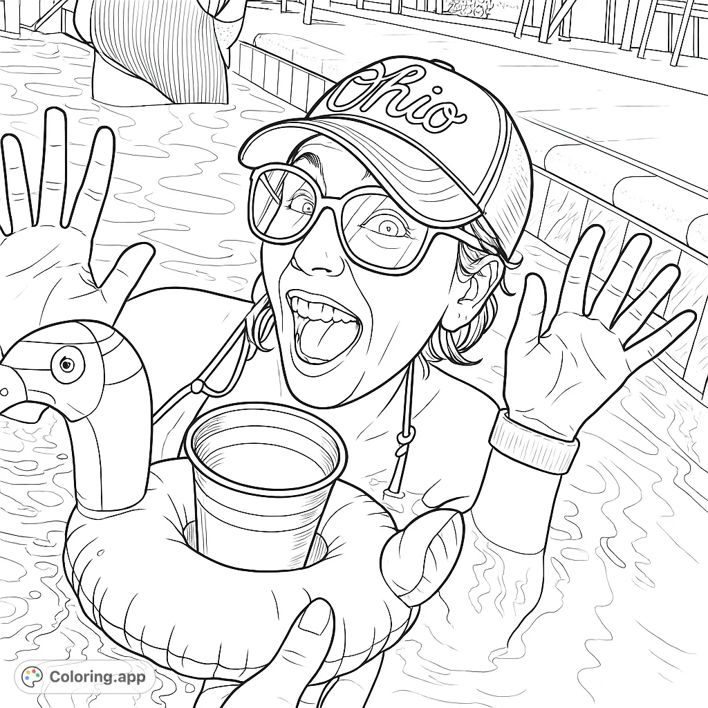 Capture the joy of a pool day! This coloring page features an excited person with a fun duck float and drink, perfect for summer relaxation.