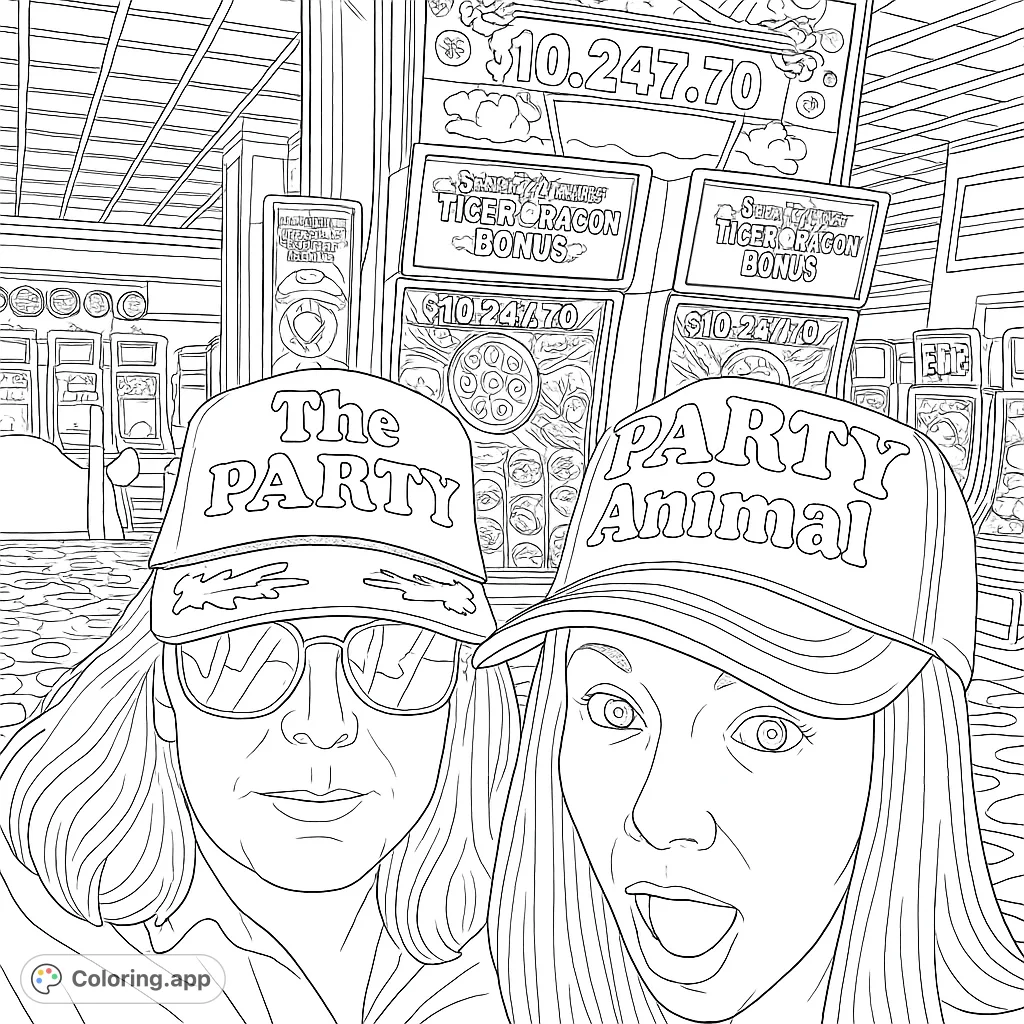 Two friends enjoying a lively night out, wearing fun hats, with slot machines in the background. A perfect party animal coloring page for adults.