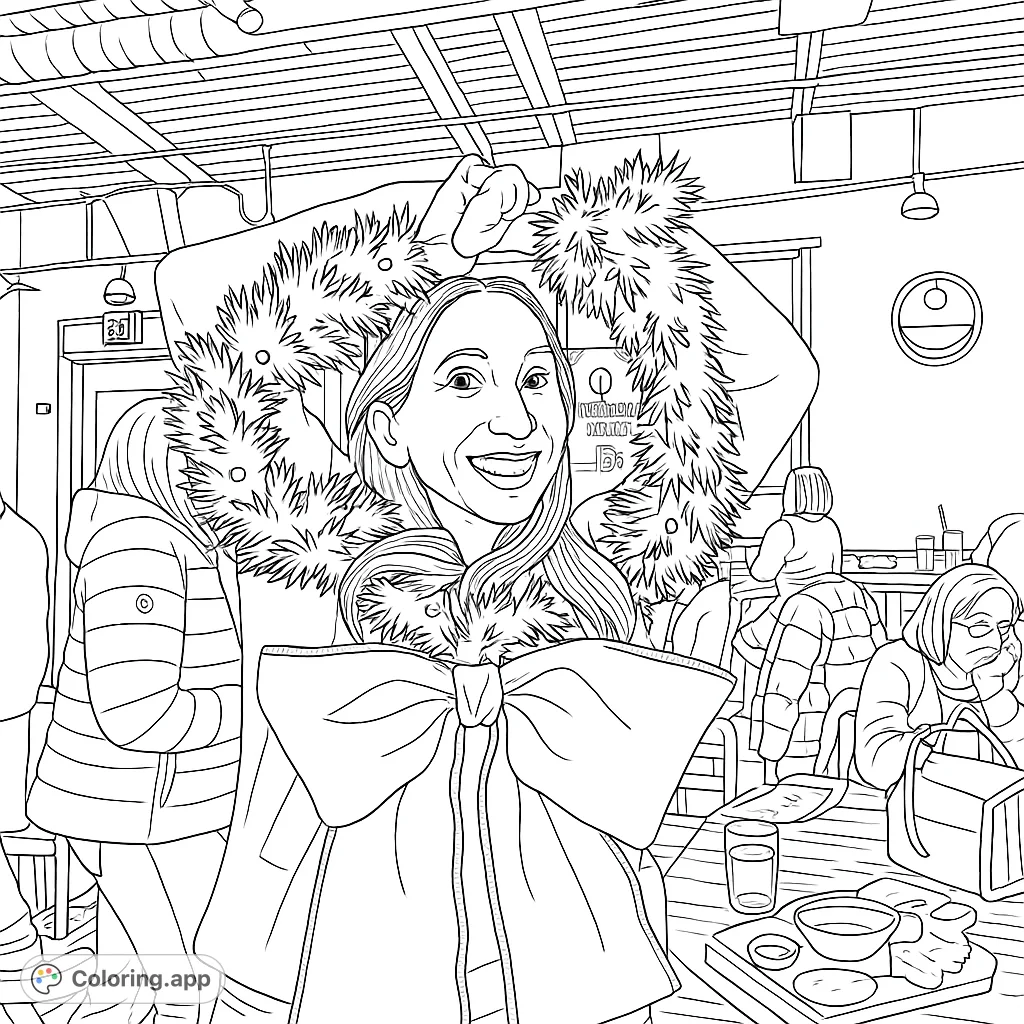 Capture the joy of the holidays with this festive wreath coloring page! A smiling person holds a large, decorative wreath with a prominent bow, perfect for creative expression.