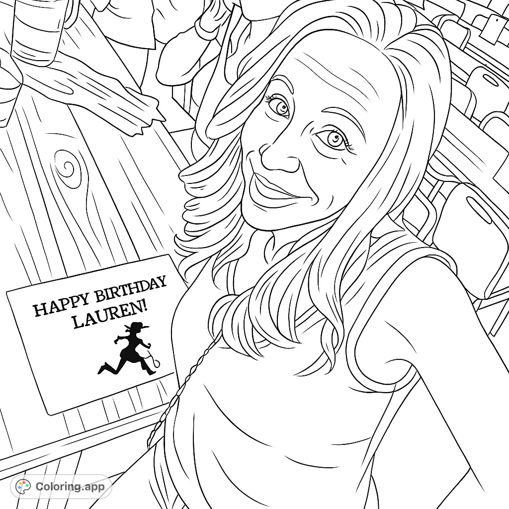 A cheerful woman celebrates a birthday, featuring a personalized card and a festive setting. Perfect for a fun, personalized coloring experience.