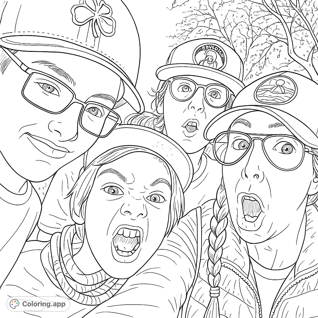 Capture the joy of a playful family selfie with four expressive faces. A fun, free printable coloring page for all ages to enjoy.