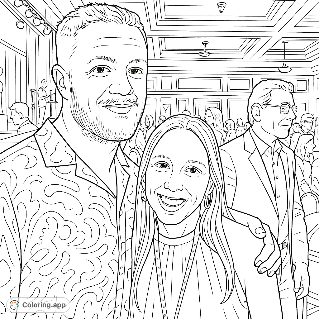 Capture a moment of joy with this smiling duo at a lively event. Features a man in a patterned shirt and a woman with a lanyard, perfect for detailed coloring.