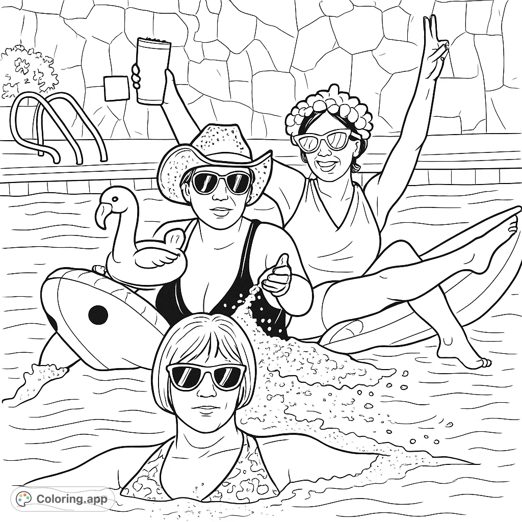 Three friends enjoying a lively pool party with floats and splashes. A fun summer celebration coloring page for relaxation and creative expression.