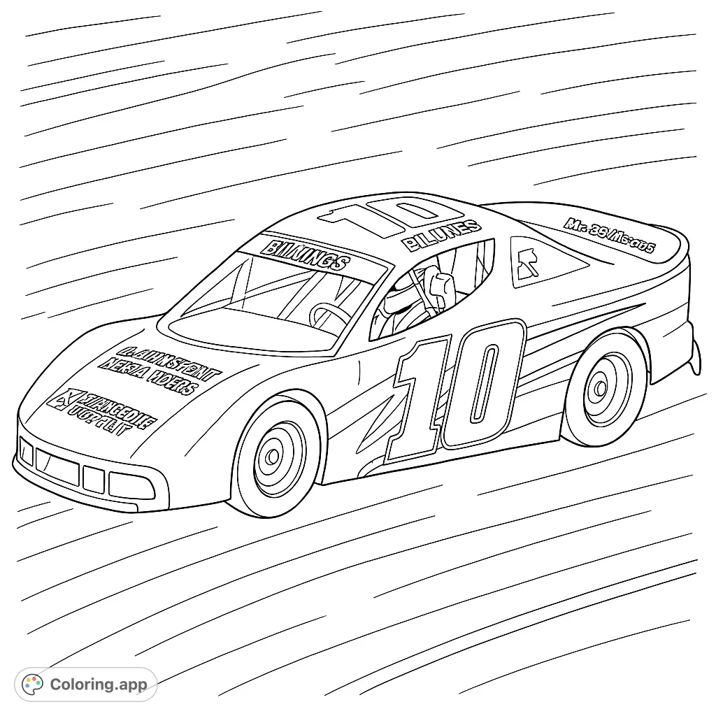 Experience the thrill of the race with this dynamic race car coloring page, featuring a sleek vehicle, bold number 10, and exciting graphics.