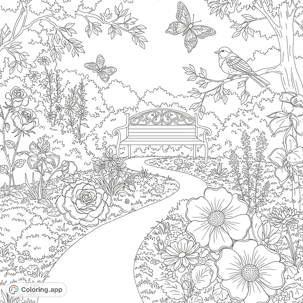 Discover a peaceful garden with blooming flowers, fluttering butterflies, and a winding path. A delightful free printable coloring page.