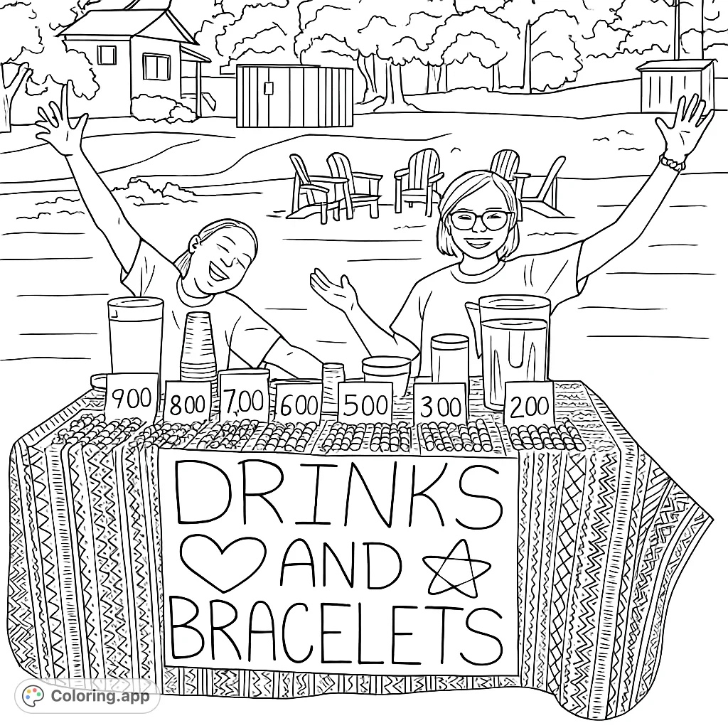 A delightful summer stand scene featuring two cheerful individuals selling drinks and handmade bracelets. Perfect for creative coloring fun!