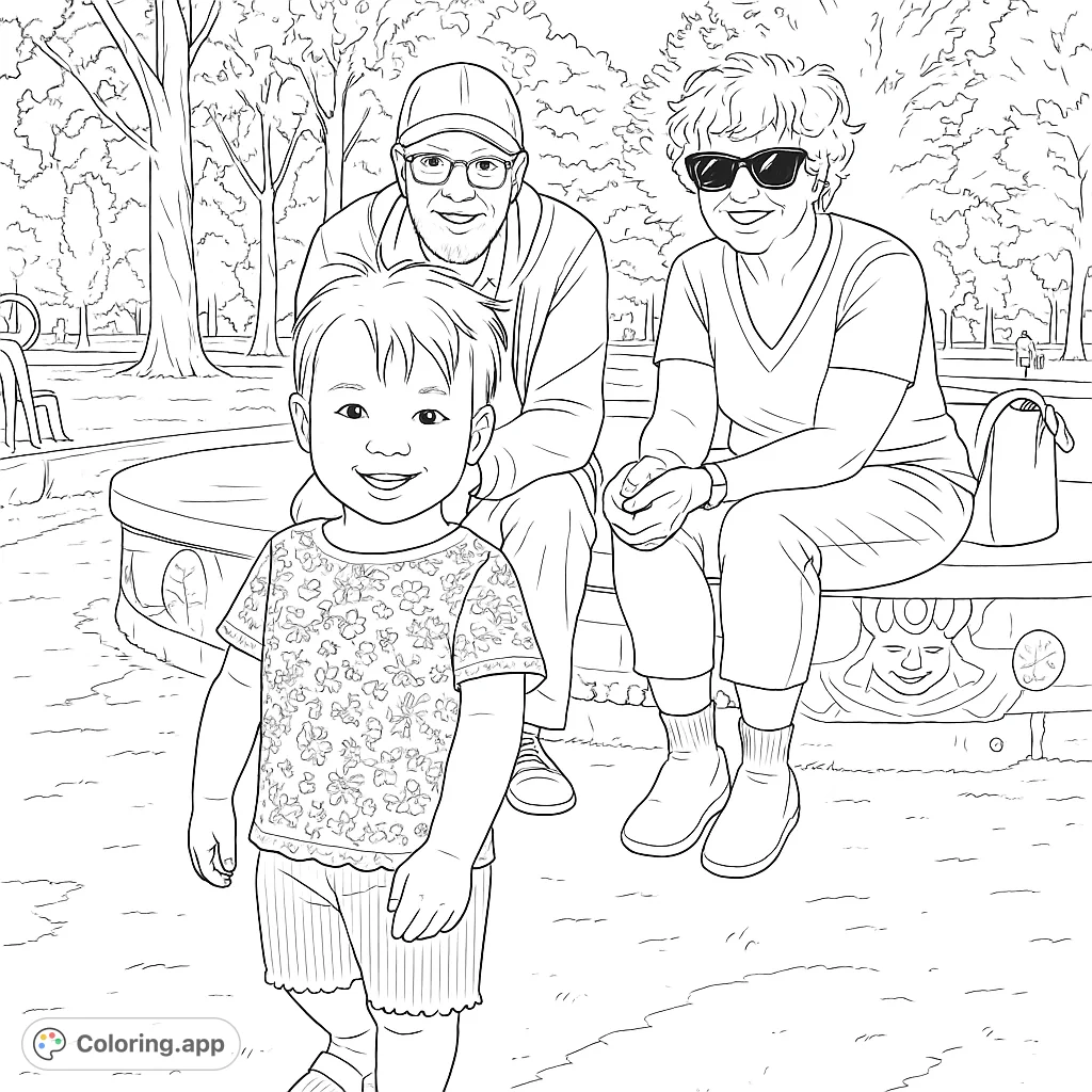 Capture a heartwarming family moment in the park! A cheerful child and two smiling adults on a carved stone bench, surrounded by lush trees.