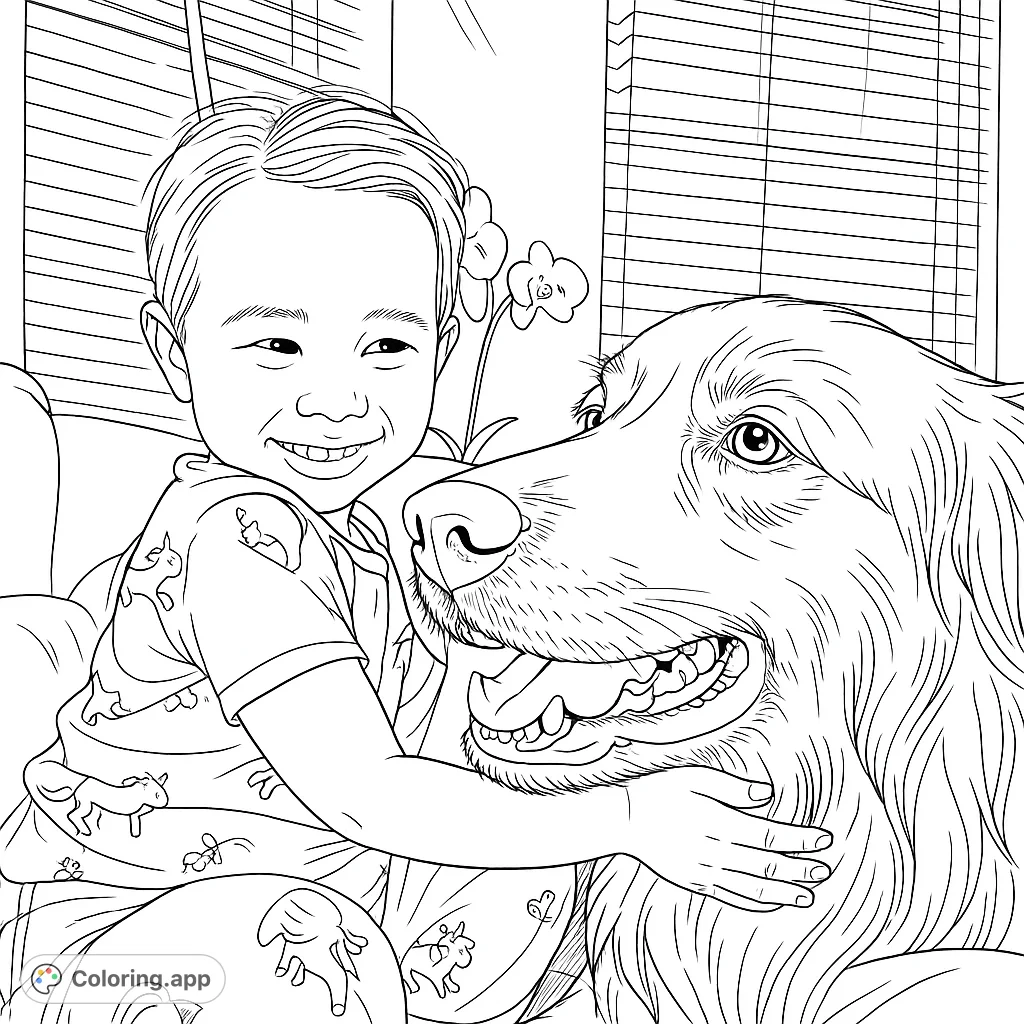 Capture a heartwarming moment of a smiling child embracing their beloved furry dog friend. A delightful scene for all ages to color and cherish.