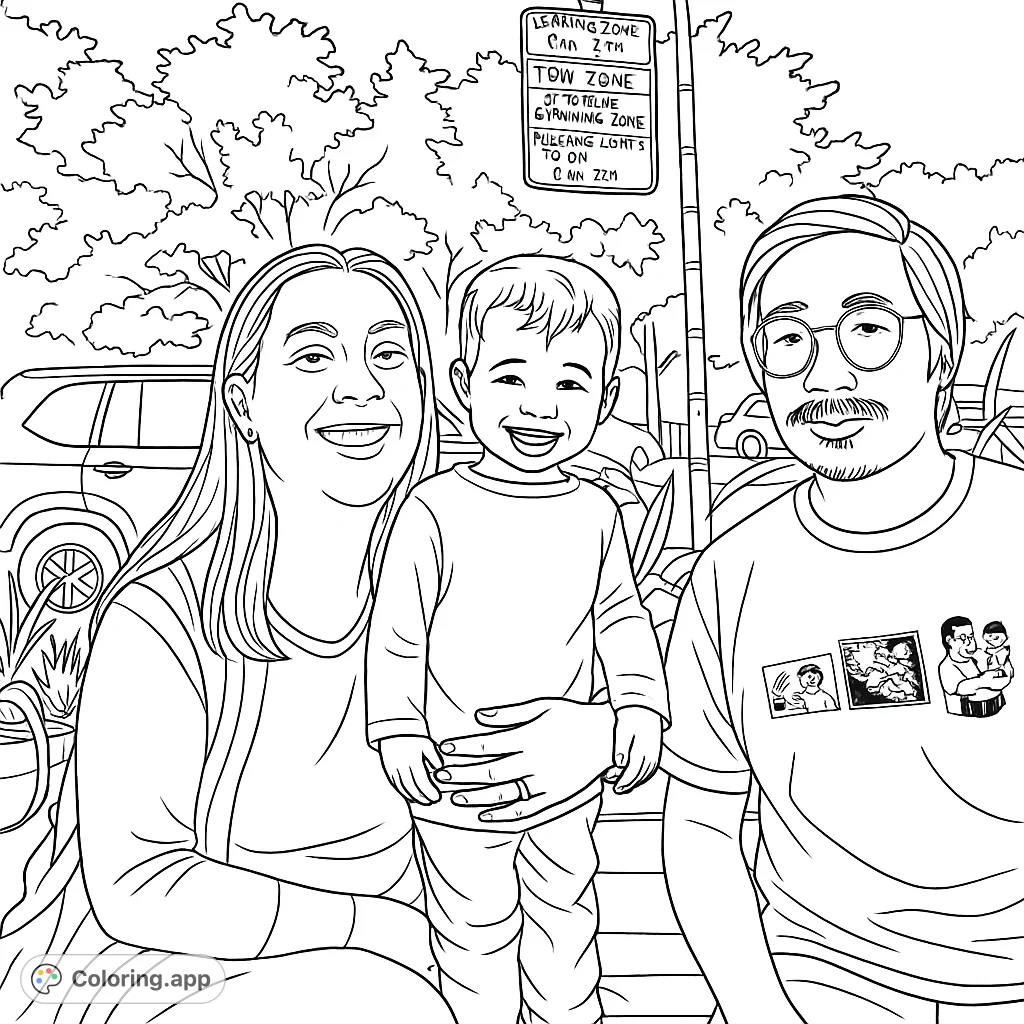 A heartwarming family portrait featuring a smiling family outdoors. Perfect for all ages to color and cherish.